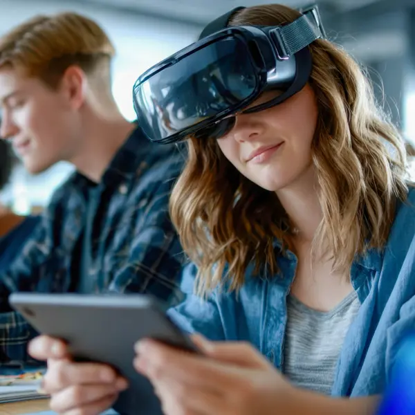 Studenten leren werken met virtual reality en interactieve media tijdens een praktijkles immersief technicus