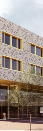 Druk bezocht ROC van Flevoland gebouw aan Winterspelenplein 25 met studenten op het plein