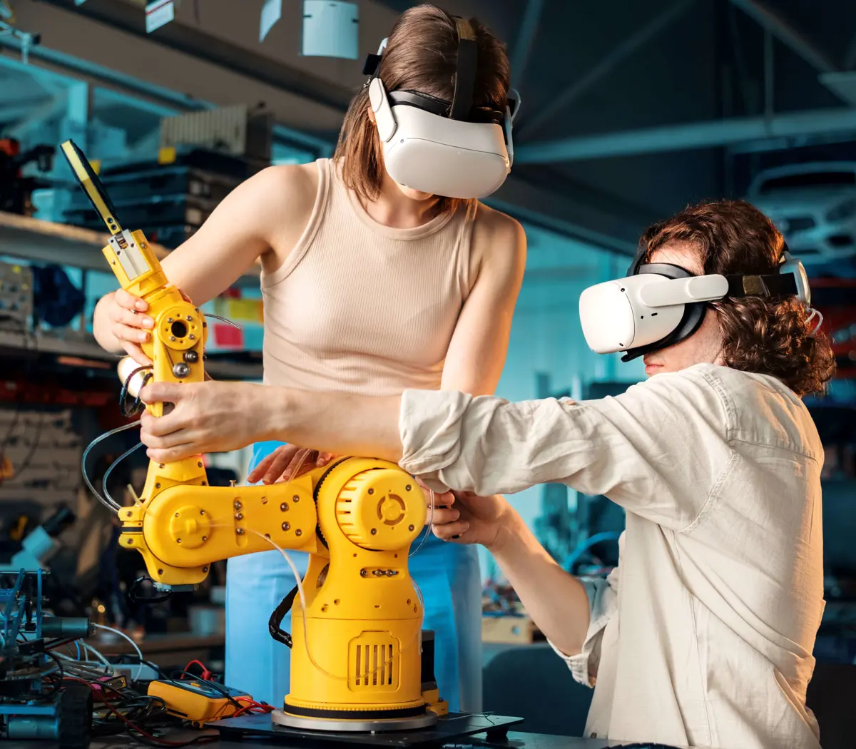 Twee studenten werken samen met een robotarm in een technische leeromgeving met VR-brillen.