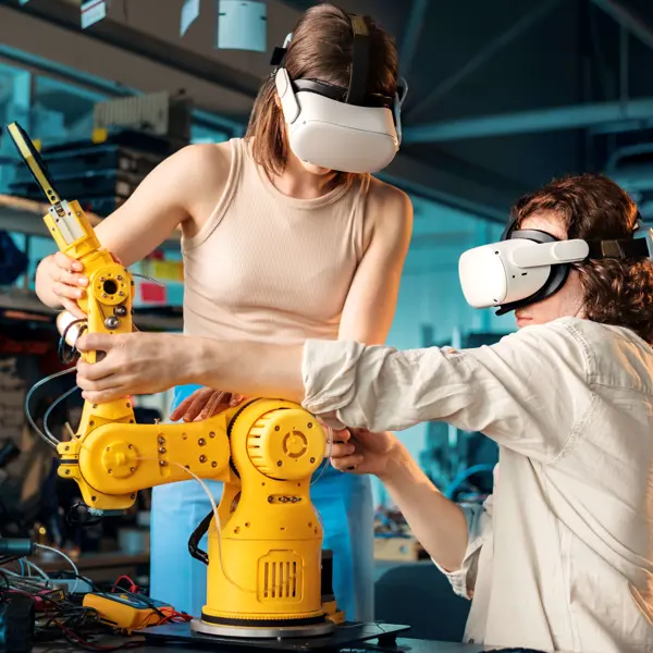 Twee studenten werken samen met een robotarm in een technische leeromgeving met VR-brillen.