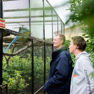 Twee bezoekers bekijken aandachtig dieren in een ruime buitenverblijf op een dierenlocatie
