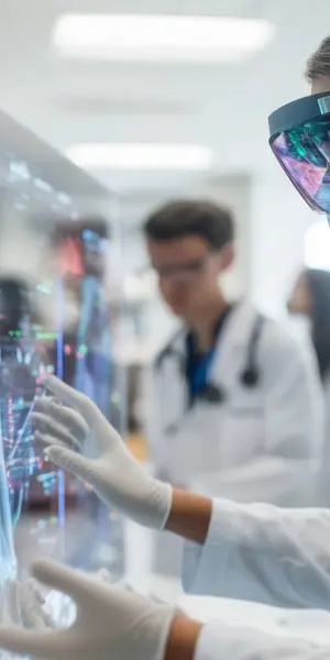 Technicus onderzoekt een virtuele anatomische projectie in een medisch-technische leeromgeving