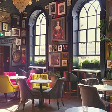 Gezellige zithoek met kleurrijke stoelen en tafels, geschikt voor creatieve interieurinrichting volgens trends.