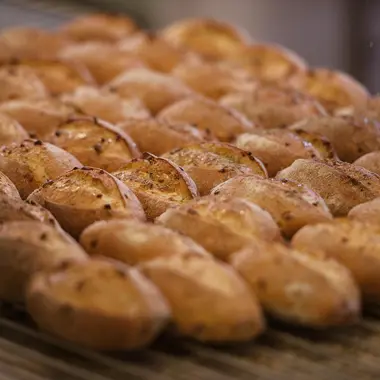 Versgebakken broodjes op een rooster, passend bij ambachtelijke bakkerijproducten en voedselproductie.
