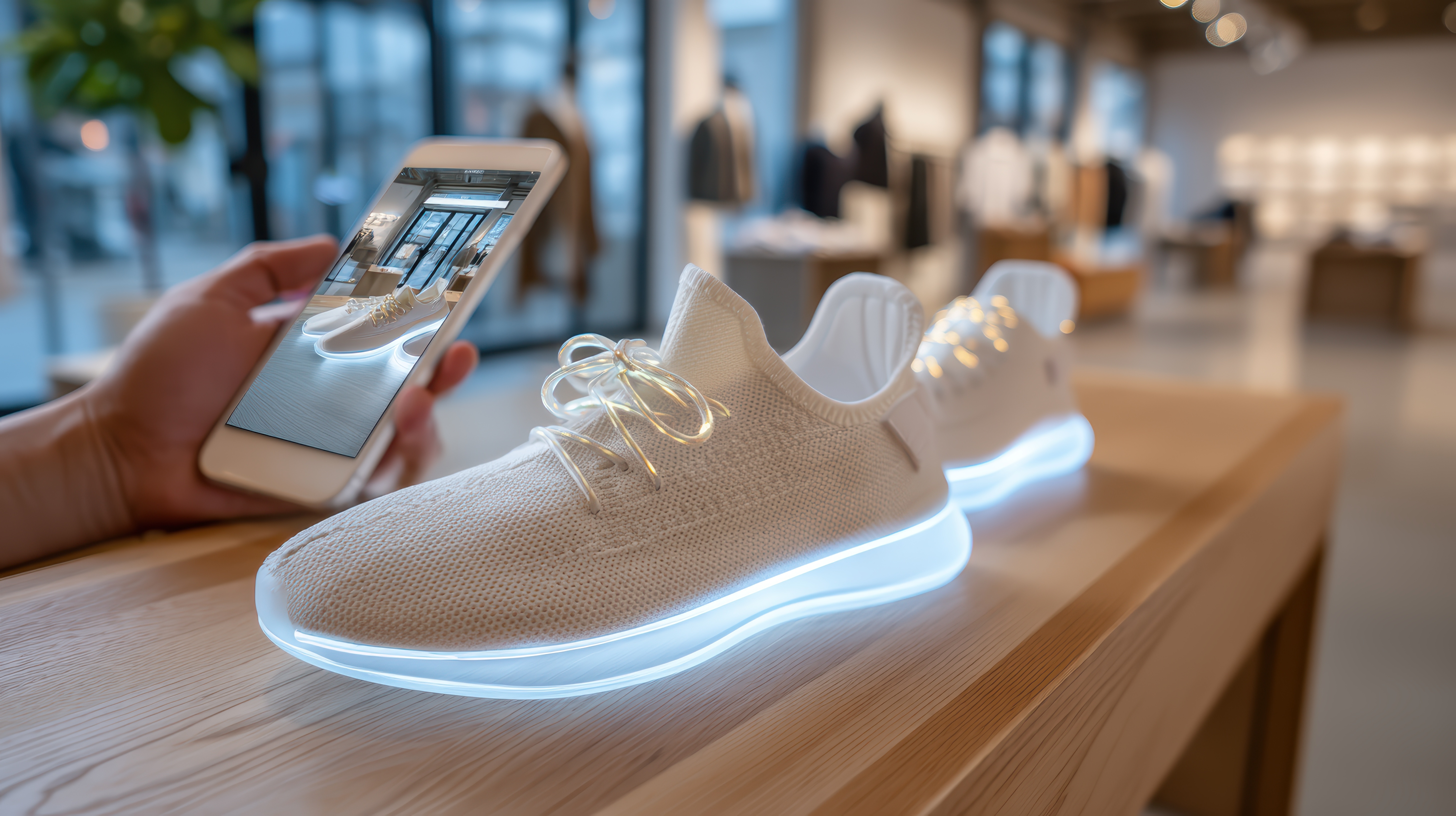 Sneaker met verlichte zool op tafel, hand bedient smartphone voor digitale interactie