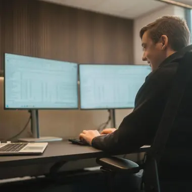 Medewerker die financiële gegevens analyseert op meerdere beeldschermen tijdens werk in kantooromgeving