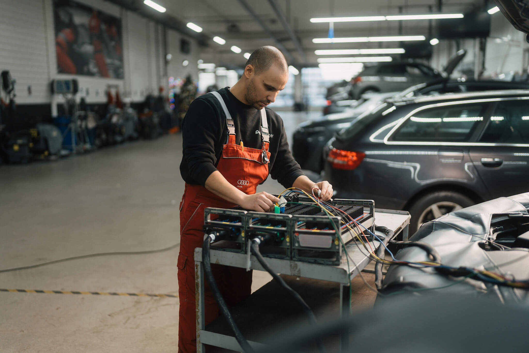 Technicus gebruikt meetapparatuur om elektrische systemen van een auto te controleren in een werkplaats.