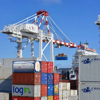 Containerterminal met hijskraan die goederen overzet, illustratie van maritieme transport en logistiek.