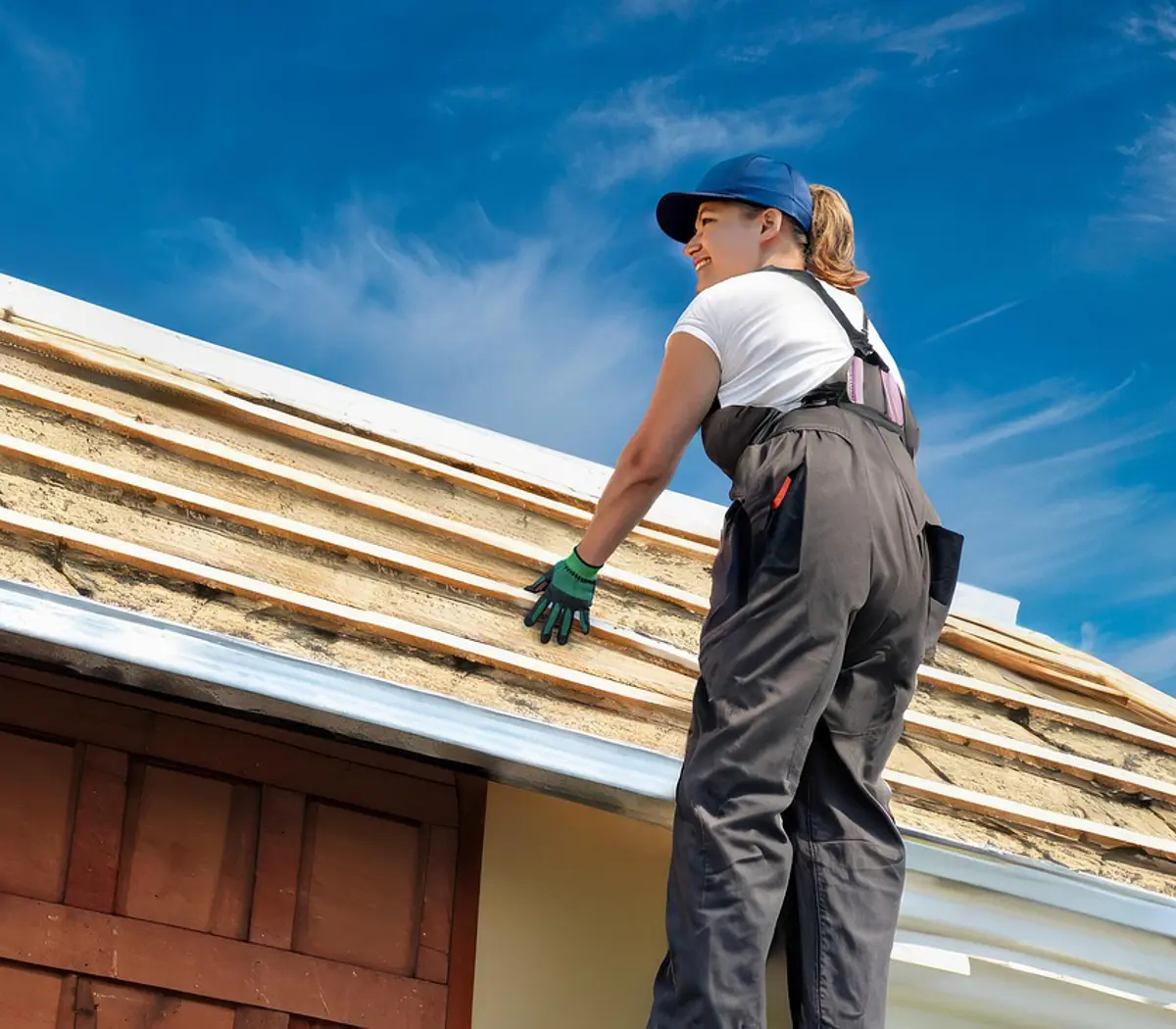 Vakbekwame dakwerker brengt materialen aan op hellend dak, inzet voor metaalbewerking en installatie