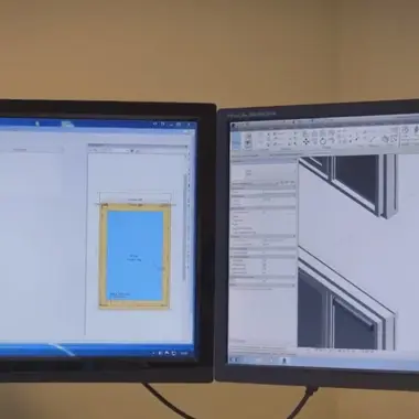 Twee beeldschermen met ontwerpsoftware voor meubels en houten constructies in een mbo-opleiding.