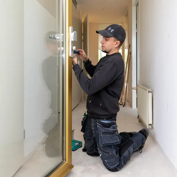 Servicemedewerker gebouwen werkt aan het vervangen van een slot in een gang van een gebouw