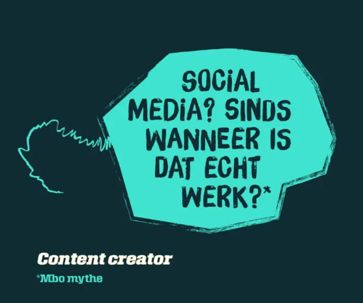 Tekstballon met de vraag over social media als werk, verwijzend naar vooroordelen over mbo-beroepen.