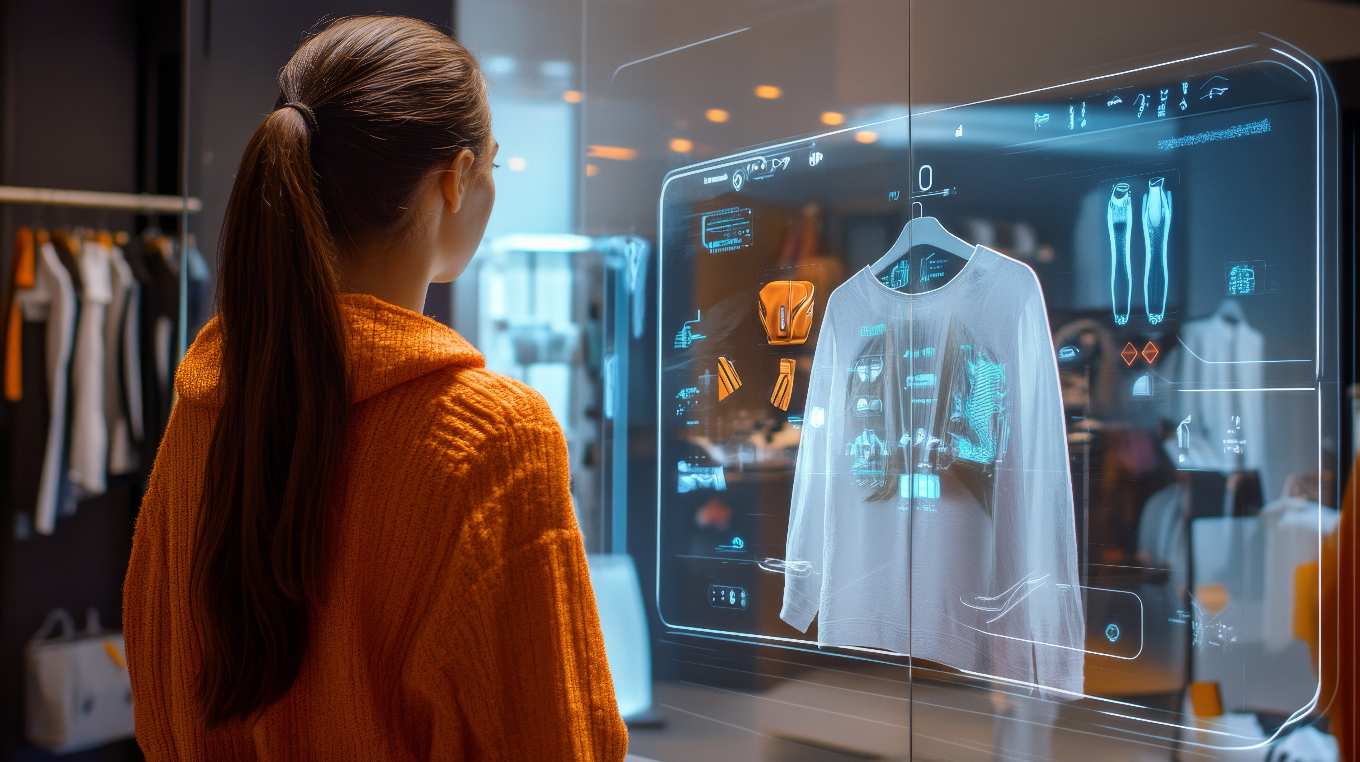 Student bekijkt virtueel ontwerp van kleding via een transparant digitaal scherm in een creatieve leeromgeving