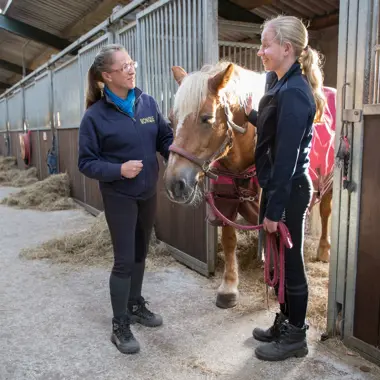 Begeleider legt uit aan leerling hoe zij een paard verzorgt in een stalomgeving