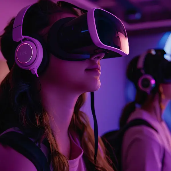 Studenten ervaren een virtuele wereld met een VR-bril tijdens een opleiding gericht op immersief ontwerp.